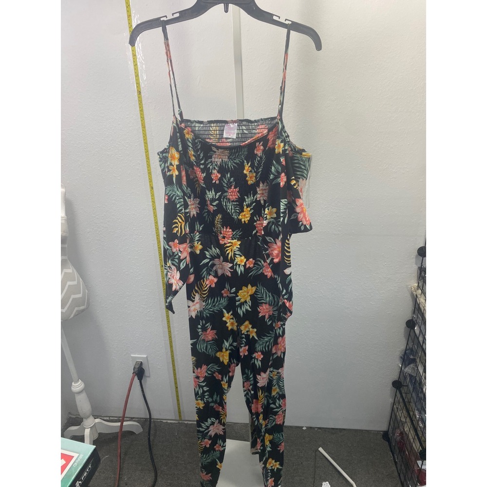No Boundaries Floral Cold Shoulder Smocked Jumpsuit Black Tropical XXXL 21